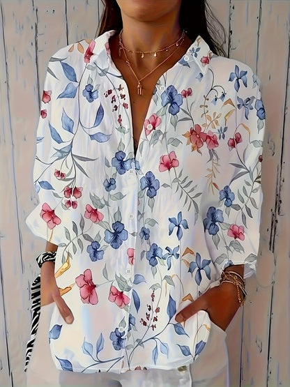 Cross-border European and American foreign trade full print floral print long sleeve casual resort women's shirt women's clothing