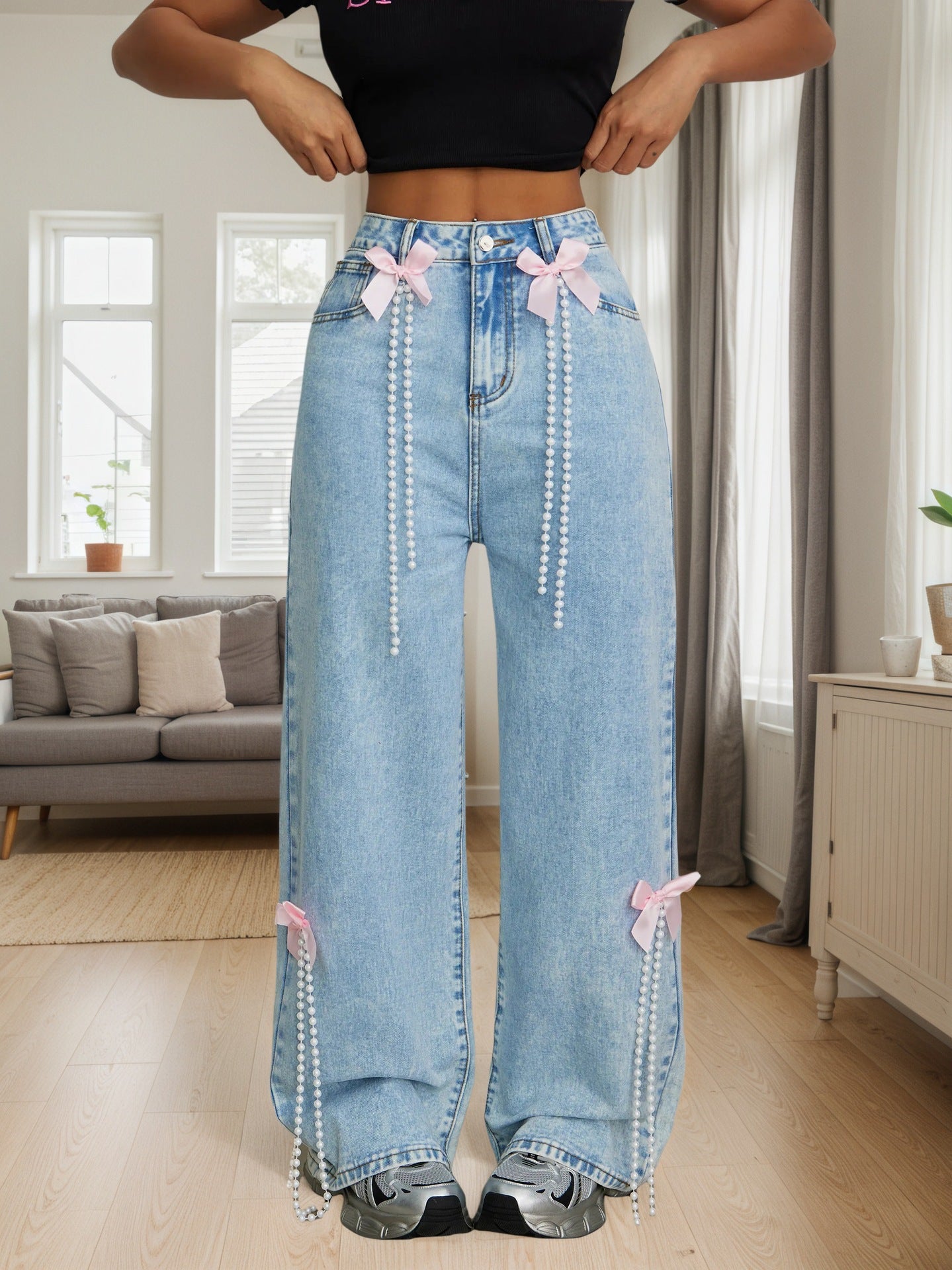 Cross-border exclusive to Europe, America and North America fashion new snowflake wash bow decoration wide-leg jeans JEANS