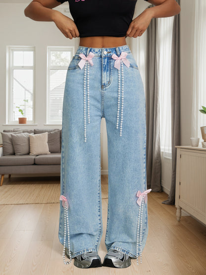 Cross-border exclusive to Europe, America and North America fashion new snowflake wash bow decoration wide-leg jeans JEANS
