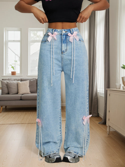 Cross-border exclusive to Europe, America and North America fashion new snowflake wash bow decoration wide-leg jeans JEANS