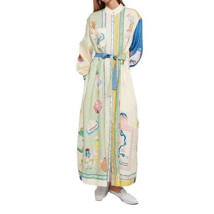 Vestido de férias europeu e americano vintage com estampado grafite, manga comprida e cintura marcada, modelo Cross-border 2025, para mulher. Ideal para férias na Europa e nos Estados Unidos.