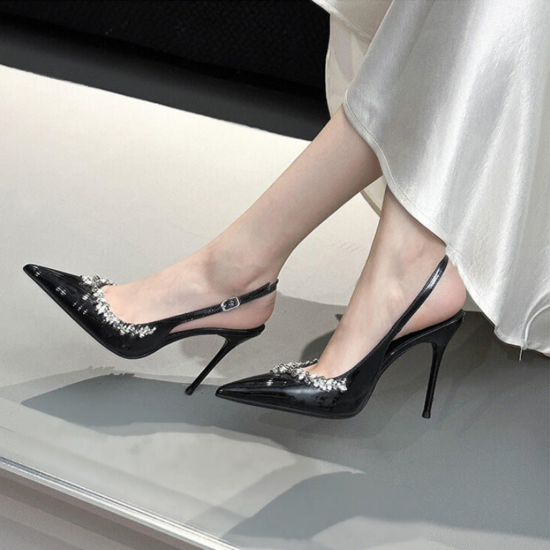 WO Huizhou City 2026 Autumn High Heel Sandals Rhinestone Toe Back Air European and American Versatile Fashionable Beautiful Black Stiletto Heel