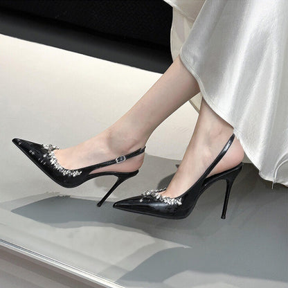 WO Huizhou City 2026 Autumn High Heel Sandals Rhinestone Toe Back Air European and American Versatile Fashionable Beautiful Black Stiletto Heel