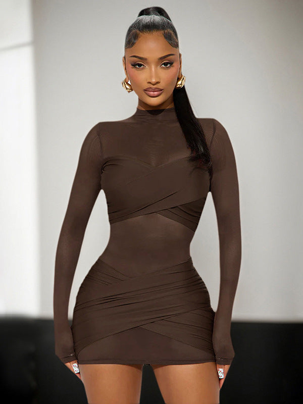 Cross-border new European and American style women's solid color crew neck long sleeve mesh splicing sexy see-through hip wrapping dress for women
