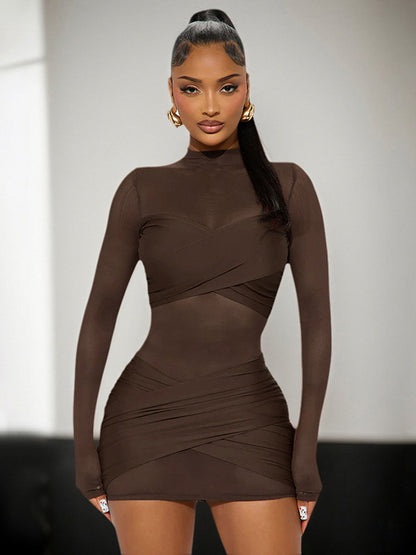 Cross-border new European and American style women's solid color crew neck long sleeve mesh splicing sexy see-through hip wrapping dress for women