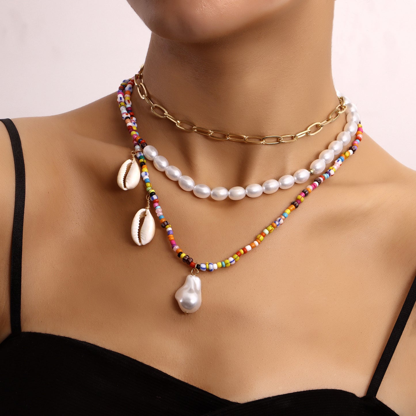 European and American cross-border jewelry bohemian multi-layer trend color rice beads special-shaped pearl shell pendant necklace women