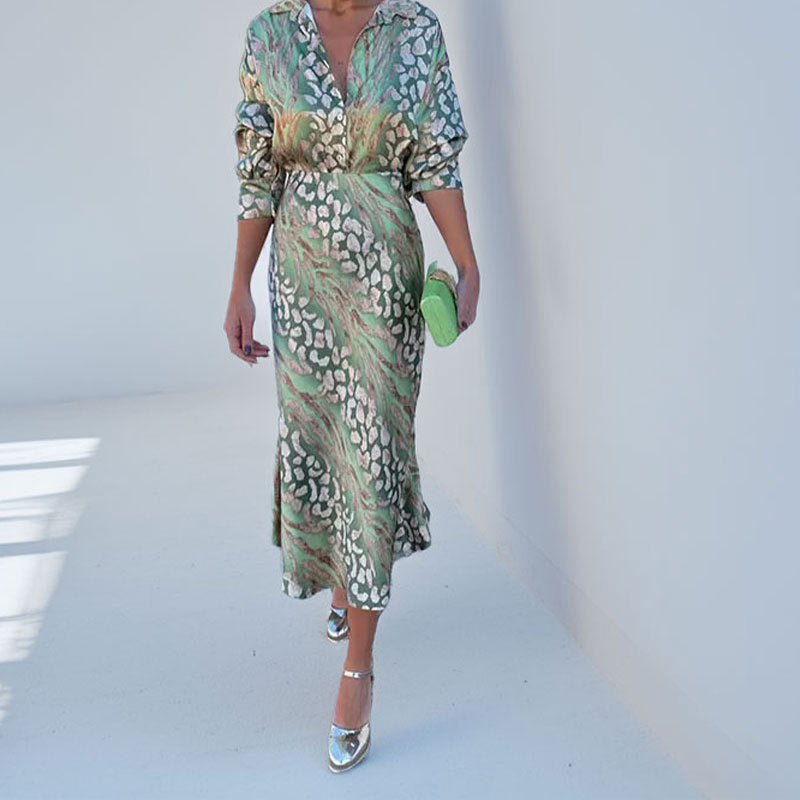 European and American Summer Cross-border New Elegant Printed Lapel Long Sleeve Shirt High Waist Skirt Fashion Set for Summer 2025