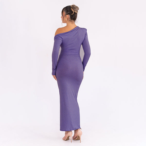 Cross-border autumn new products sexy slanted collar slim hip long skirt European and American women's solid color pleated long sleeve dress women - view 2 | Ciaura