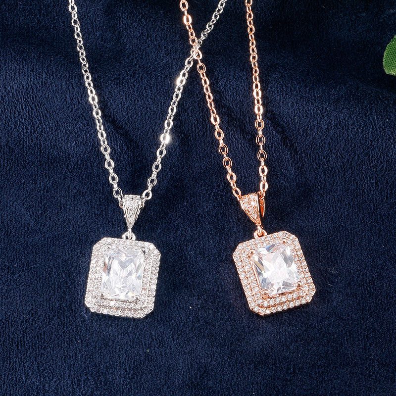 Cross-border new product sugar cube zircon necklace, niche light luxury double-layer enclosed two-tone pendant, one-piece dropshipping accessory