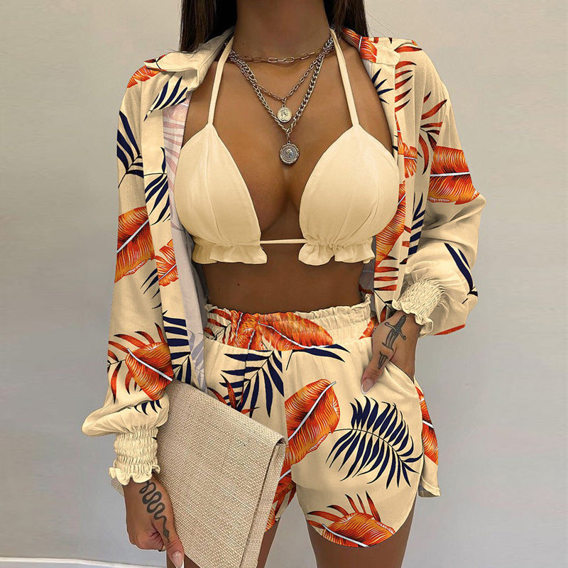 2026 Amazon AliExpress independent station new sexy European and beautiful solid color shorts fashion three-piece set