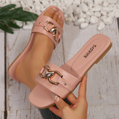 Valentine's Day women's new fashion slippers classic temperament versatile solid metal embellished square toe flat sandals