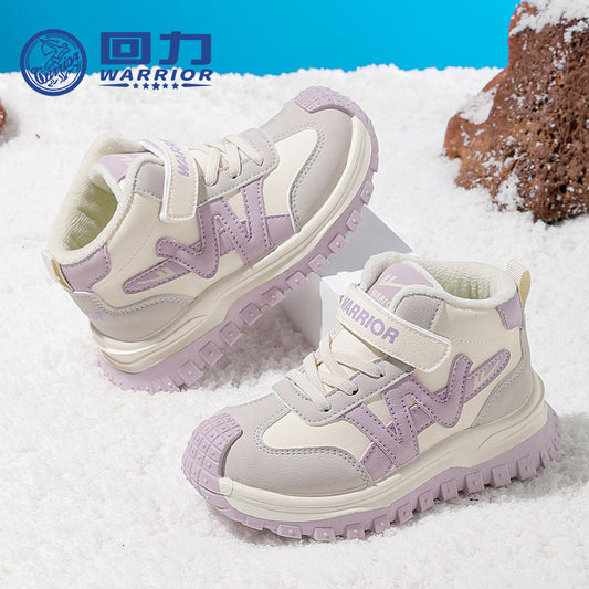 Huili fashion and versatile color-blocking two cotton shoes, children's Velcro, easy to put on and take off, casual sneakers, fleece warm shoes