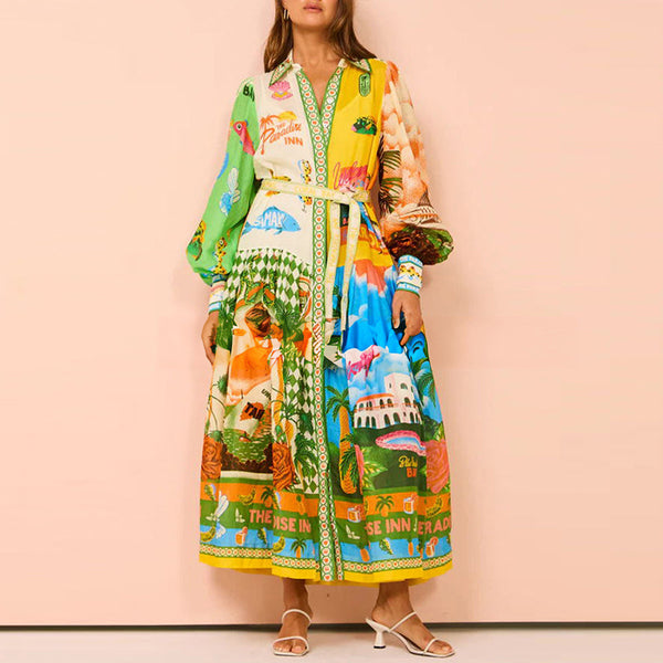 2026 independent station wishEuropean and beautiful clothing temperament printed lantern sleeves belt shirt large swing European and American dress women