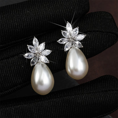 Cross-border bestseller: floral water drop faux pearl stud earrings with diamonds and zircon earrings, light luxury high-end accessories, wedding banquets