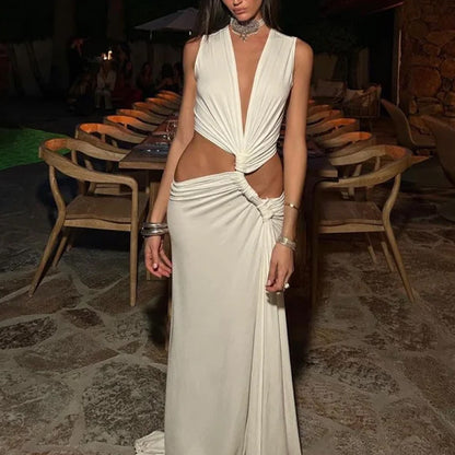 Vestido plissado sem mangas com recortes, nó e racha, estilo europeu e americano, da Amazon, modelo 2026.