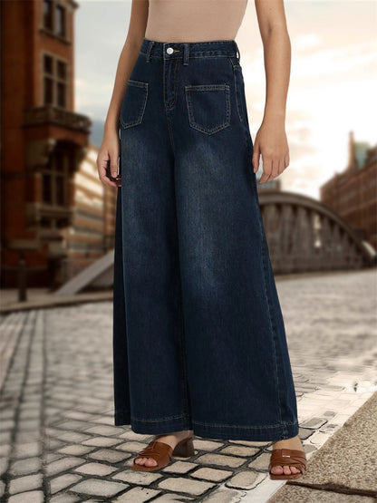 Independent Station European and American Foreign Trade Denim Women's Fashion Drape Loose High-Waist Wide-Leg Jeans for Women