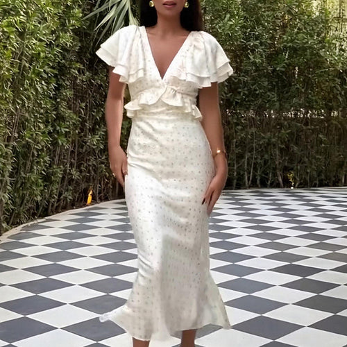 2025 summer new cross-border European and American fashion temperament elegant ruffled print V-neck slim waist dress