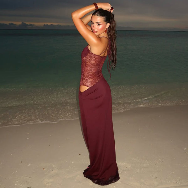 Foreign trade spring summer 2025 new European and American women's hot girl style sexy lace cut-out sleeveless slim slip dress