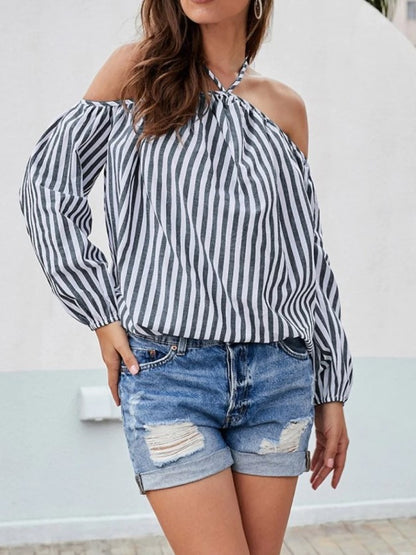 Europe and the United States 2023 cross-border Amazon spring and autumn new tops striped sexy fashion one-shoulder shirt top for women