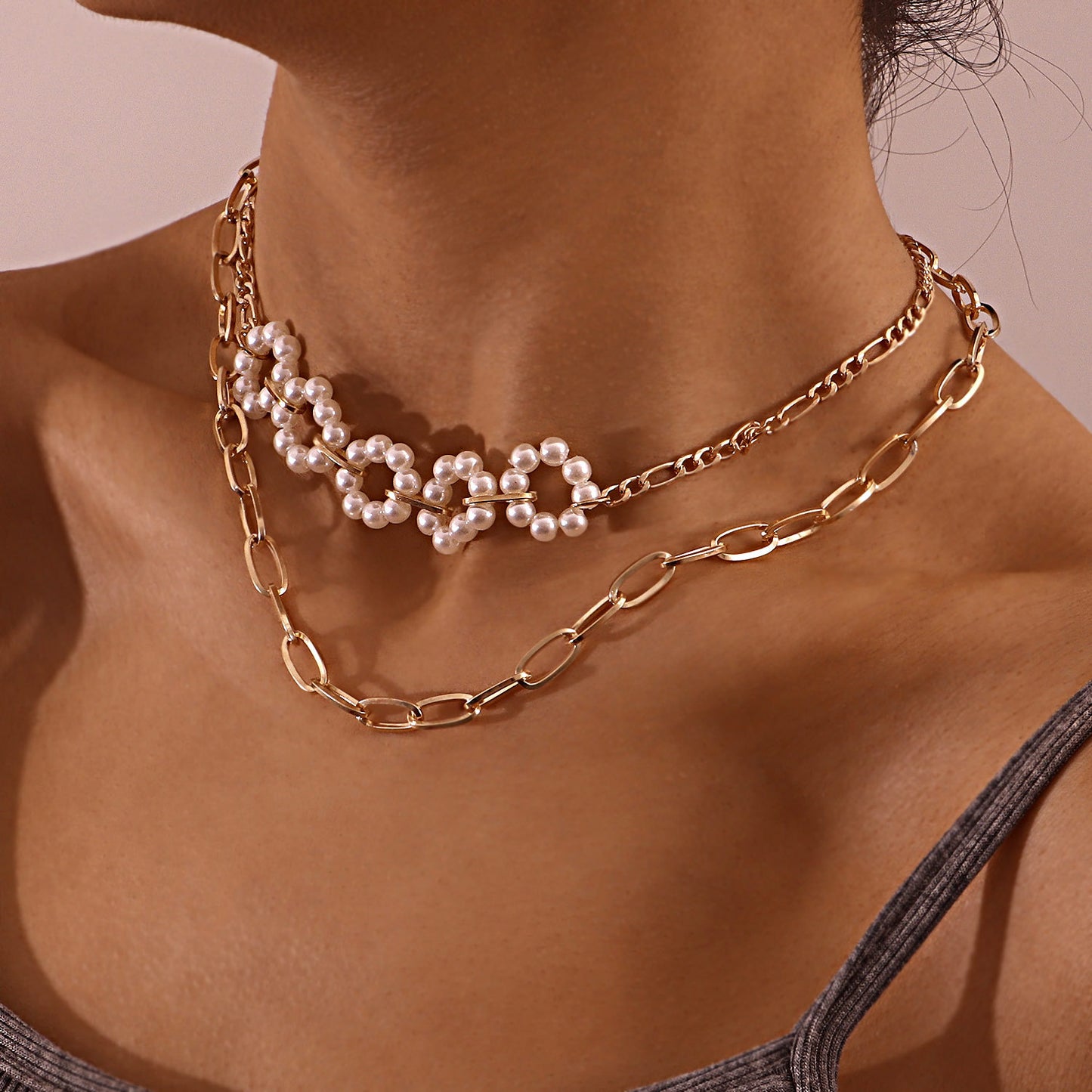 European and American cross-border jewelry, double-layer paper clip, slub chain, pearl flower necklace, women's ins-style anchor necklace