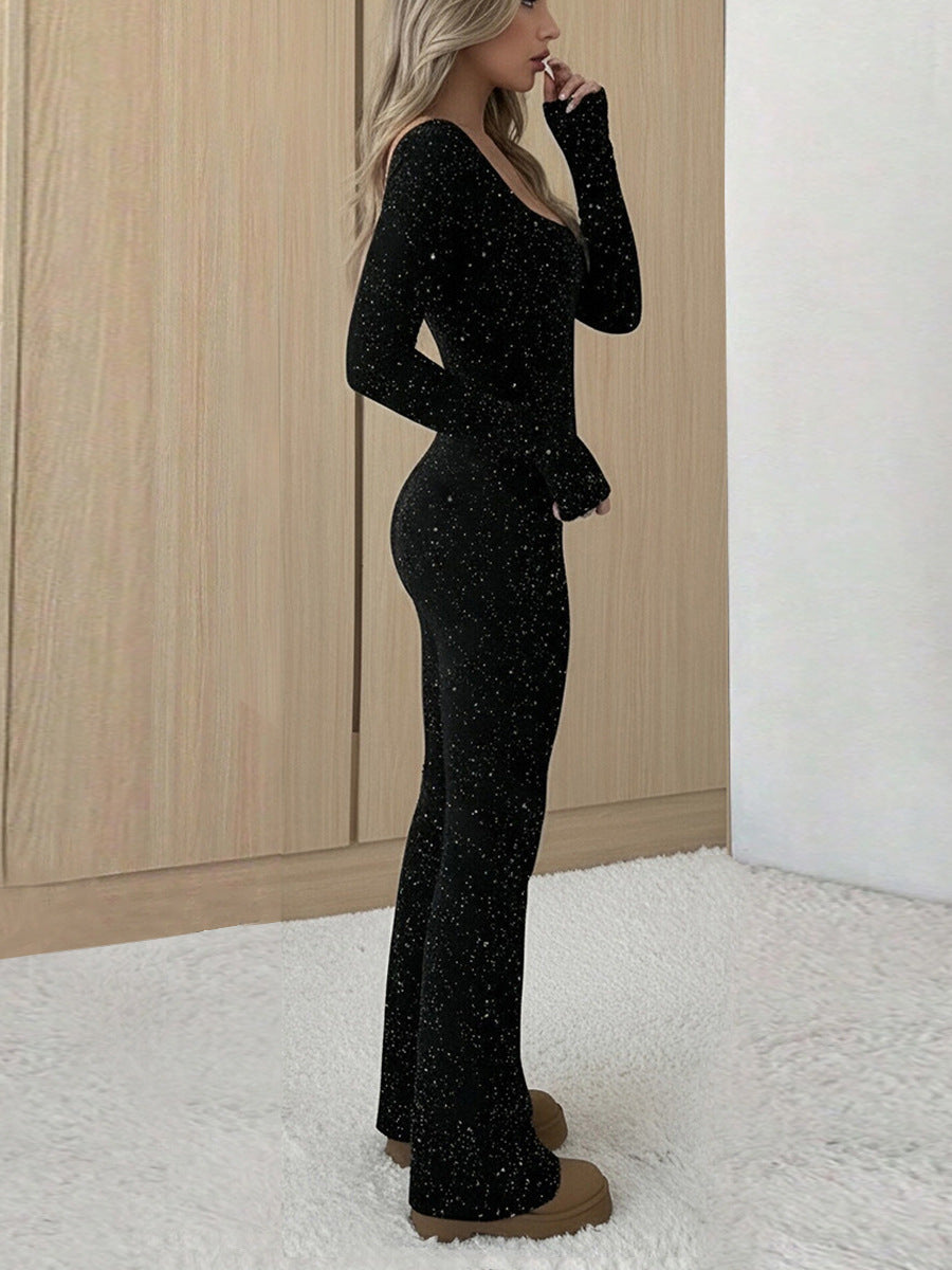 European and American autumn and winter new European and American women's fashion U-neck hot silver design temperament long-sleeved slim hip jumpsuit women