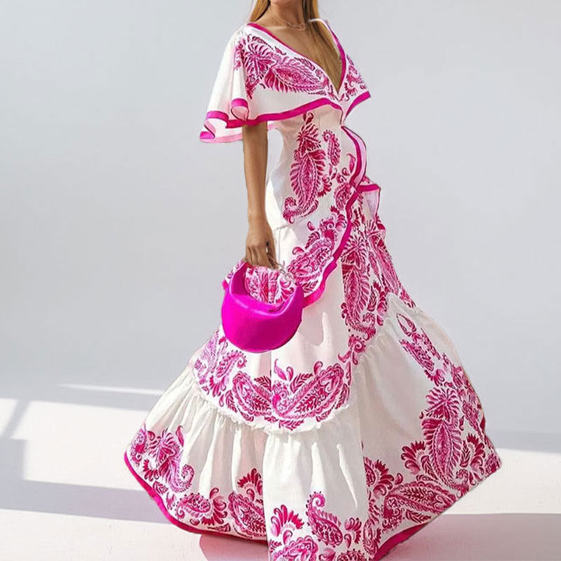 Spring 2026 new cross-border European and American clothing temperament elegant printed V-neck dress ruffled large swing dress