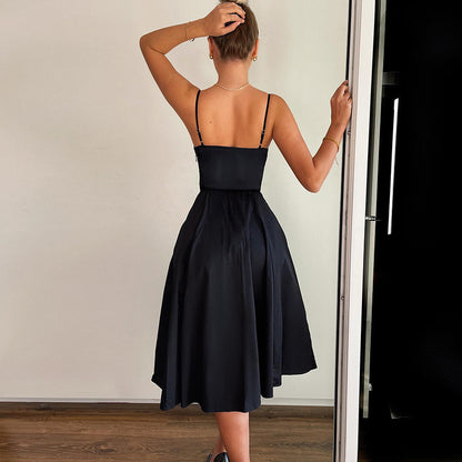 Cross-border Amazon European and American women's autumn and winter new temperament solid color fishbone waist sexy suspender swing dress