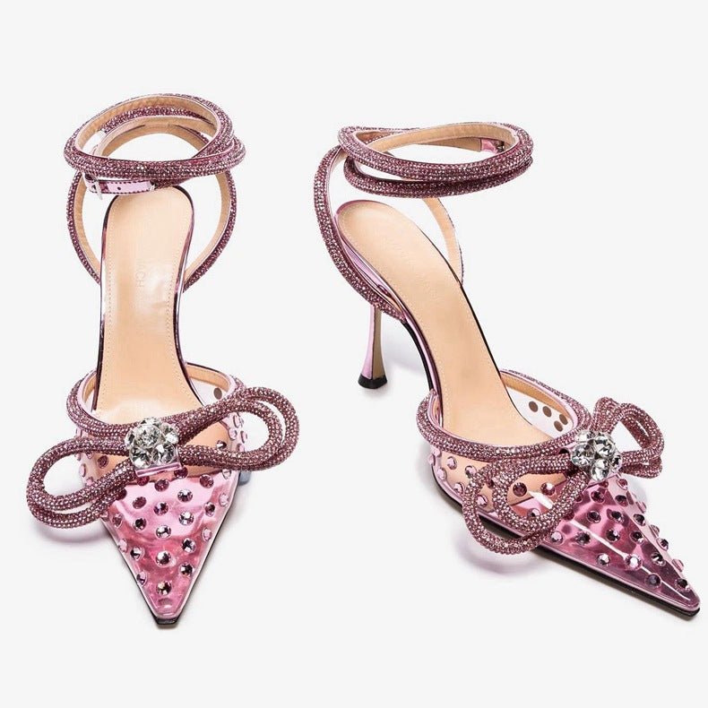 Cross-border customized high heeled sandals bow rhinestone women's shoes thin heel pointed high heels European and American women cross-border exclusive