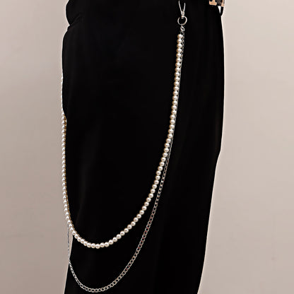 European and American cross-border jewelry, retro sexy fashion double layer trouser chain, punk imitation pearl waist chain