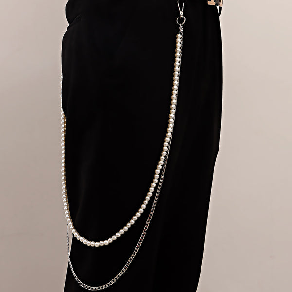 European and American cross-border jewelry, retro sexy fashion double layer trouser chain, punk imitation pearl waist chain