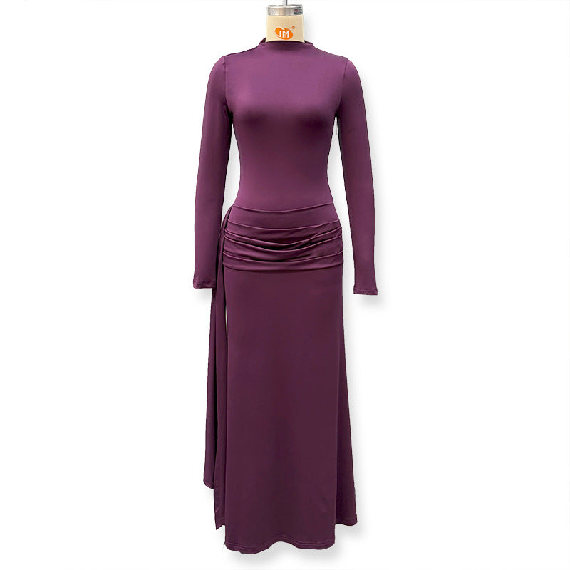 Foreign trade autumn and winter new European and beautiful women's clothing celebrity style solid color high collar long sleeve streamer pleated buttocks temperament dress skirt