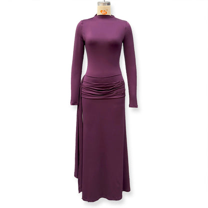 Foreign trade autumn and winter new European and beautiful women's clothing celebrity style solid color high collar long sleeve streamer pleated buttocks temperament dress skirt