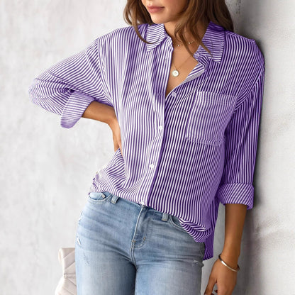 European and American Fall 2023 Amazon Striped Cardigan Top Loose Long Sleeve Shirt Women's Striped Long Sleeve Shirt