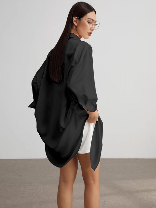 European and American cross-border new long-sleeved minimalist women's shirt long-sleeved lapel versatile loose long top shirt