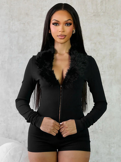 Cross-border autumn and winter new European and American clothing solid color sexy deep V imitation fur collar long sleeve slim hip jumpsuit for women