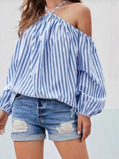 Europe and the United States 2023 cross-border Amazon spring and autumn new tops striped sexy fashion one-shoulder shirt top for women