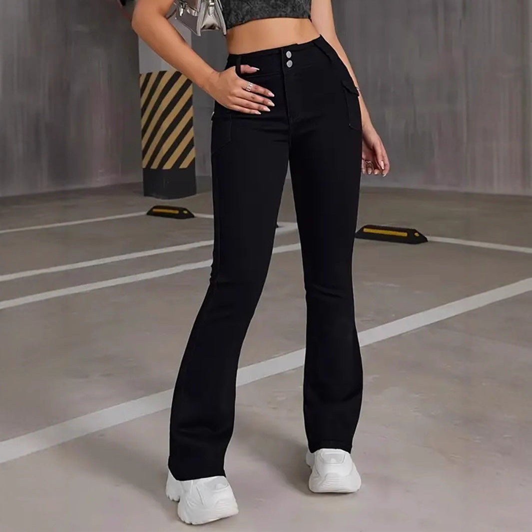 Women's jeans multi-craft pocket design black pants stretch slimming versatile flared trousers JEANS