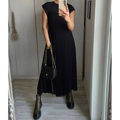 2026 Spring New Dress Cross-border European and American Clothing Elegant and Fashionable Crew Neck Sleeveless Pleated Long Dress