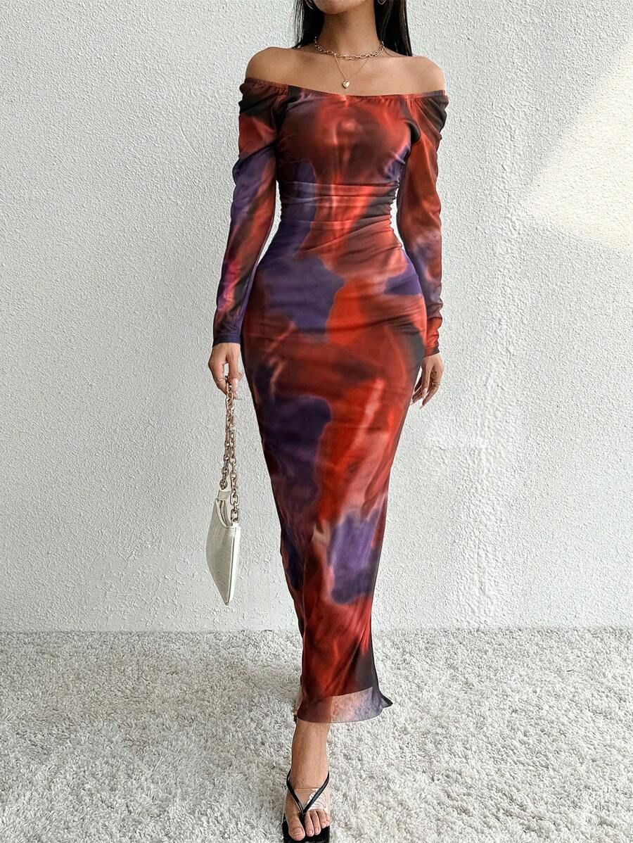 Spot cross-border 2024 European and American Amazon mesh print ruffle sexy skinny slit square neck line dress