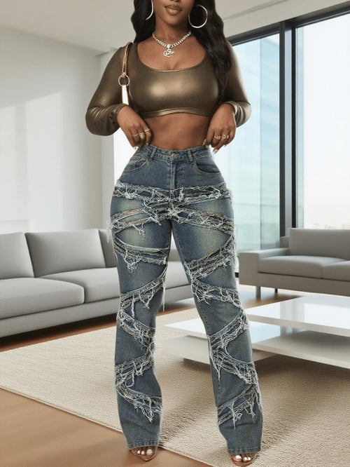 European and American foreign trade TEMU TK cross-border explosive multi-process strips blue washed tassel denim trousers female JEANS