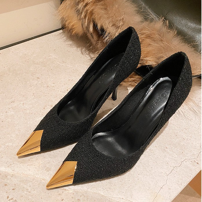 Black high heels women's 2026 new thin heel design sense temperament, versatile metal autumn and winter pointed toe single shoes spring set feet