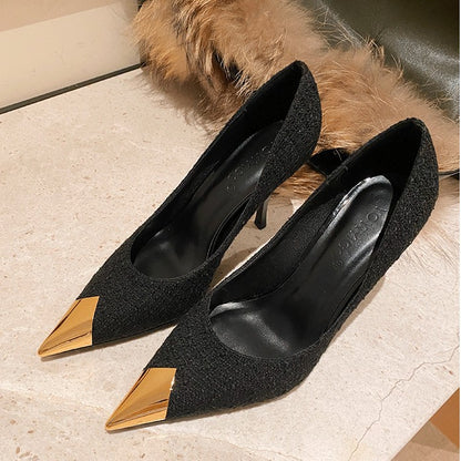 Black high heels women's 2026 new thin heel design sense temperament, versatile metal autumn and winter pointed toe single shoes spring set feet