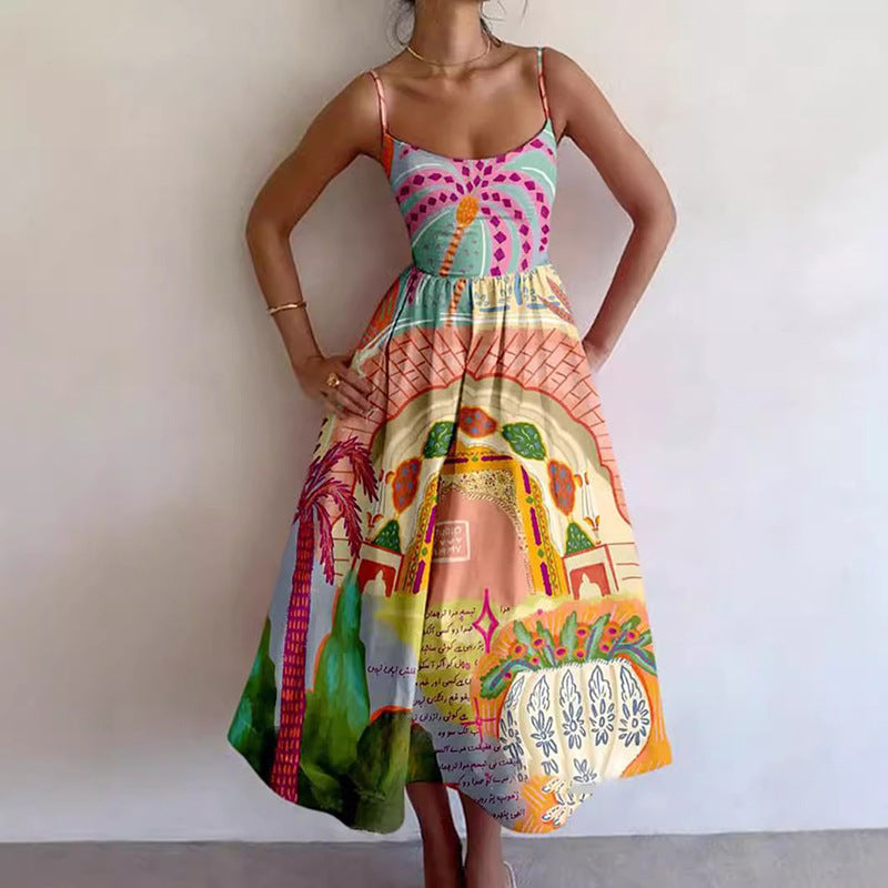 Amazon's new cross-border European and American fashion print pleated waist slip dress for spring 2026