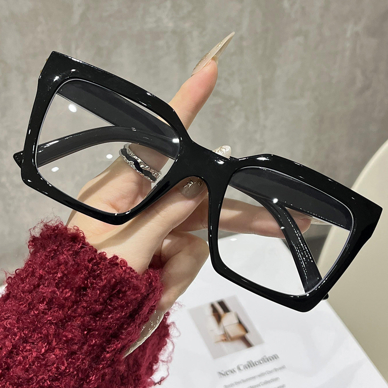 Color-blocking square large frame flat glasses for women, cross-border influencer-style blue light blocking glasses, simple and versatile bare-faced frames