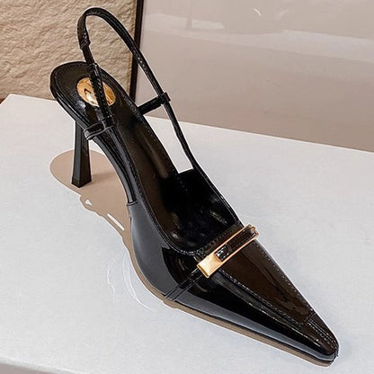 2026 Europe and America New Metal Buckle Pointed Heel Stiletto Sandals Patent Leather Sexy Back Empty Wrapped Women's Shoes for Commuting