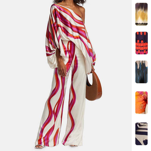 Spring 2026 New Cross-border European Women's Clothing Printed Crew Neck Loose Bat Sleeve Waist Wide-leg Pants Fashion Suit