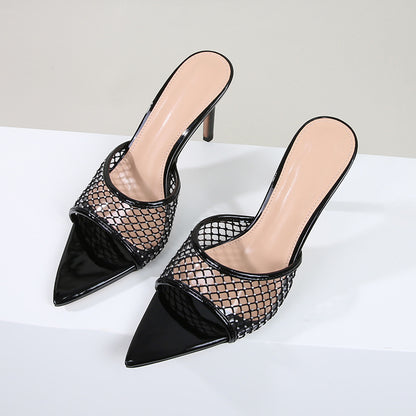 Women's high-end fashion black grid rhinestone heel slippers thin heels pointed open toe high heels do not tire the feet