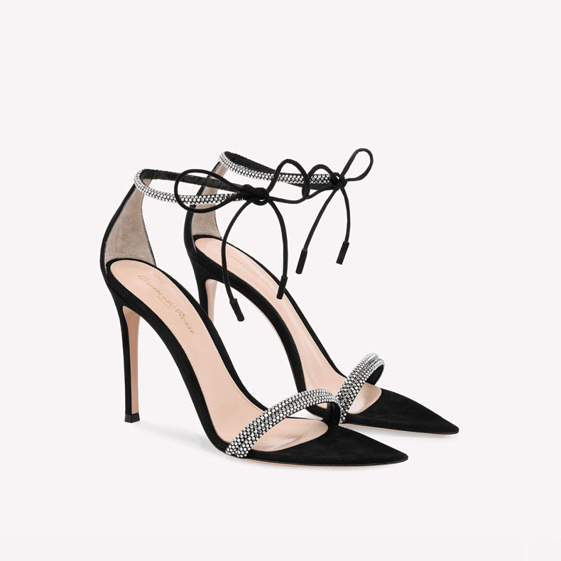 Cross-border pointed toe rhinestone stiletto heel high heel sandals strappy open toe high heels European and American style versatile spring new style