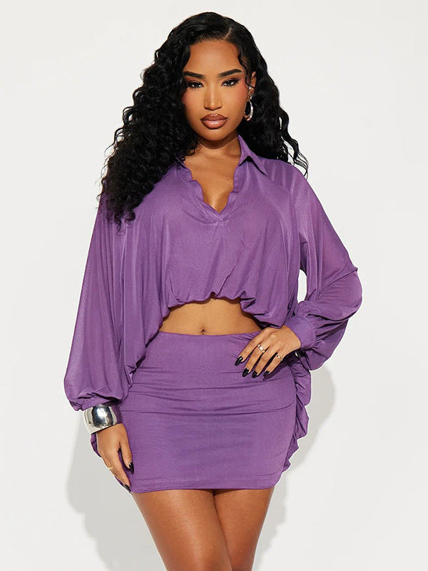 Foreign trade autumn and winter new European and beautiful clothing fashion solid color puff sleeve long sleeve top slim fit hip wrap shirt skirt set