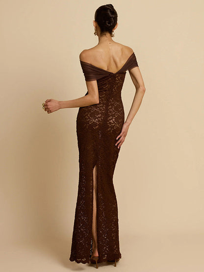 Cross-border wholesale autumn new women's clothing sexy lace one-shoulder see-through slit slim hip wrapping dress for women